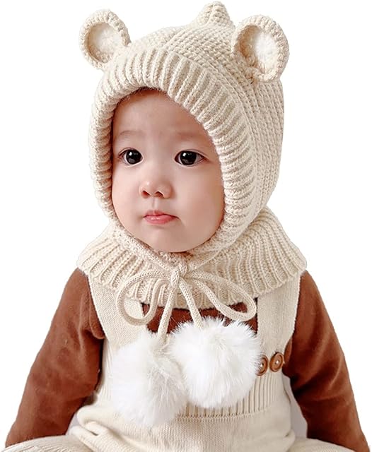 Uniyoung Baby Toddler Winter Hat Scarf with Ears Kids Knitted Earflap Hood Beanie Pompom Outdoor Warm Skull Cap for 1-5 Years Girls and Boys