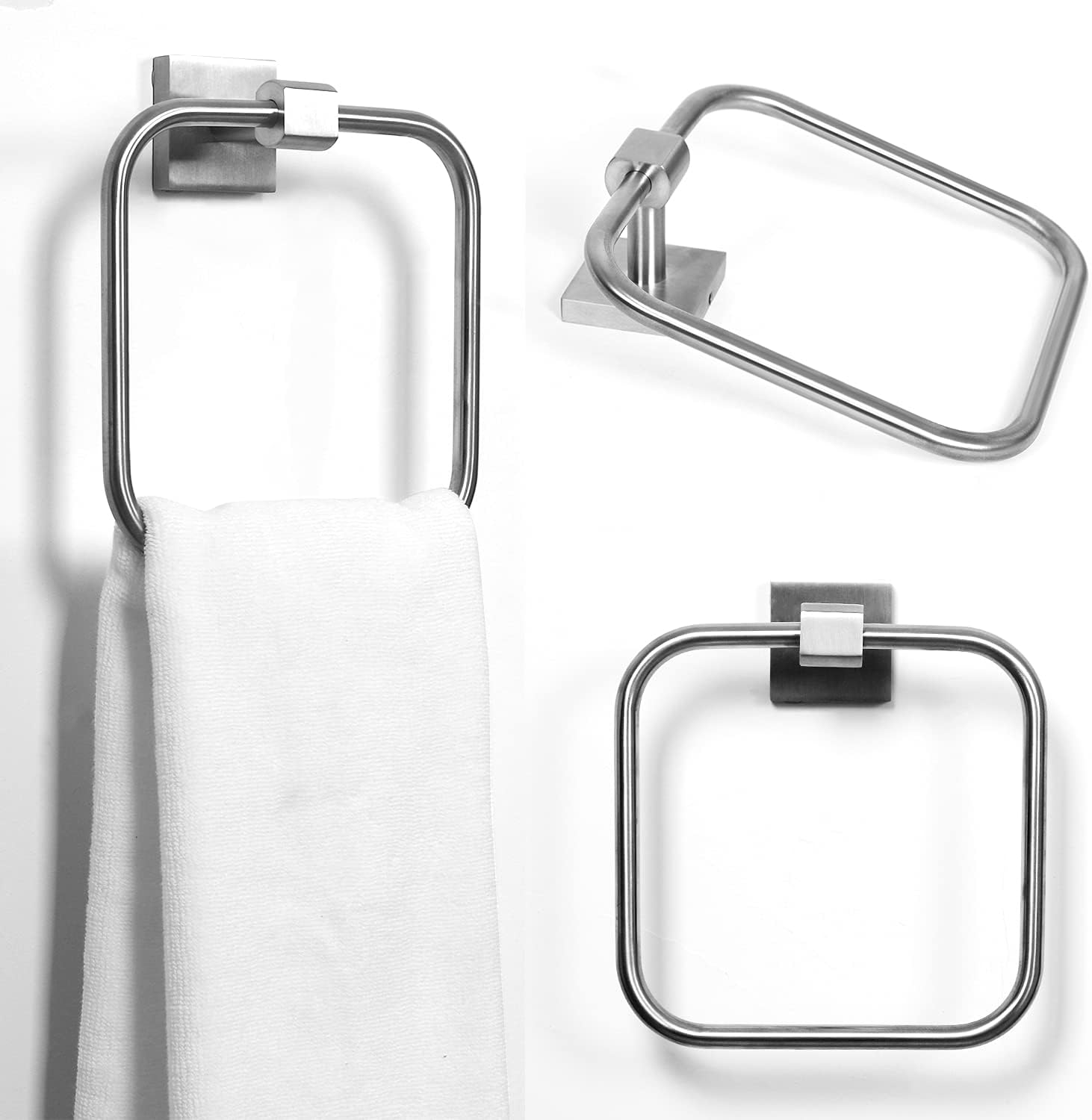 HouseAid Square Hand Towel Ring for Bathroom Stainless Steel Towel Holder Modern Hand Towel Hanger Wall Mounted Brushed Nickel