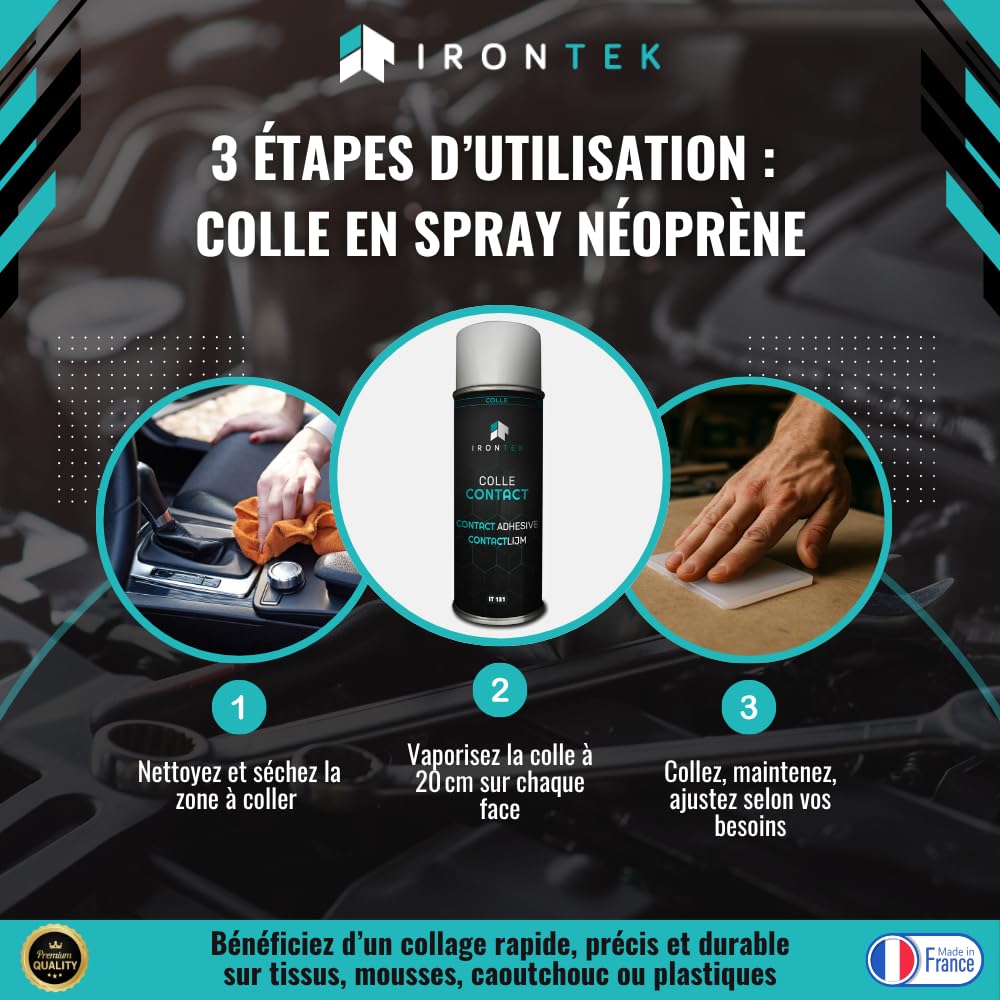 Colle Néoprène Aérosol 400ml - IRONTEK | IT131 | Haute adhérence Multi-supports Repositionnable | Séchage Express Résiste à l’eau | Réparation Tissu Mousse Isolation Plafond Voiture