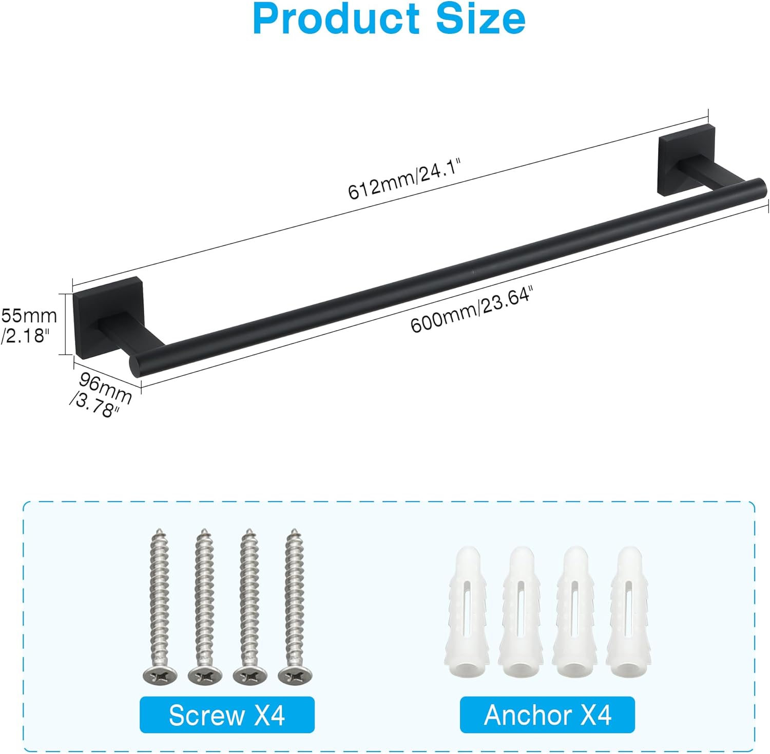 Towel Bar for Bathroom, 24.1 Inch Towel Rack Wall Mounted, SUS304 Stainless Steel Heavy Duty Towel Holder for Bathroom Laundry Room Hotel Modern Home Decor - Image 2