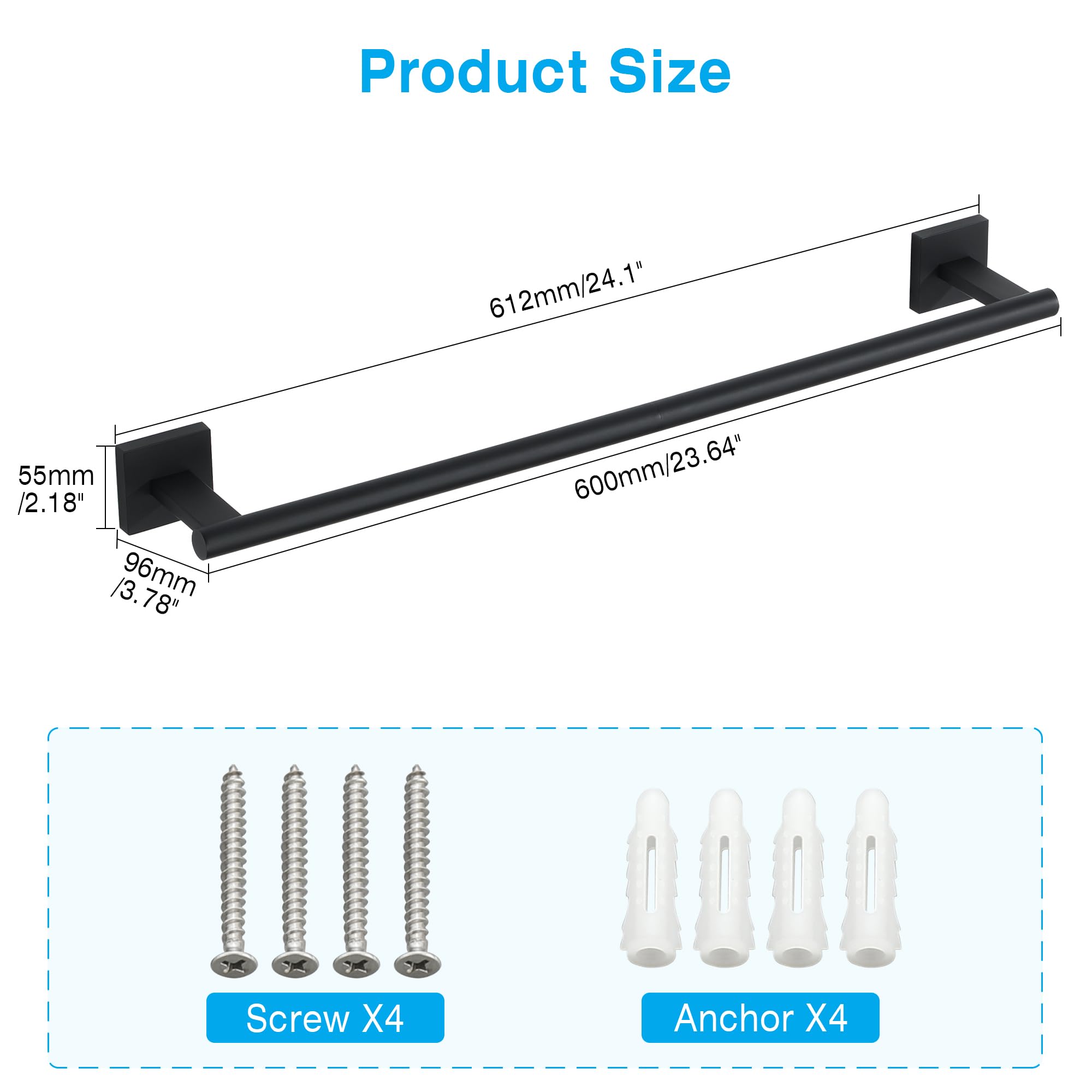 Mooche Towel Rail Black Wall Mounted, Bathroom Towel Holder, SUS304 Stainless Steel Towel Bar - Image 2