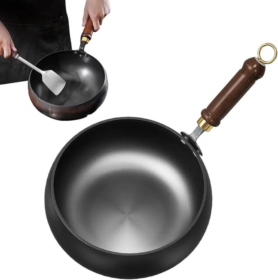 Cuisine asiatique maison 2026 : 50 indispensables wok, ramen, sushi Wok Chinois, 28cm Fabriqué À La Main En Fonte Avec Couvercle Et Poignée, Chinois Wok Wood