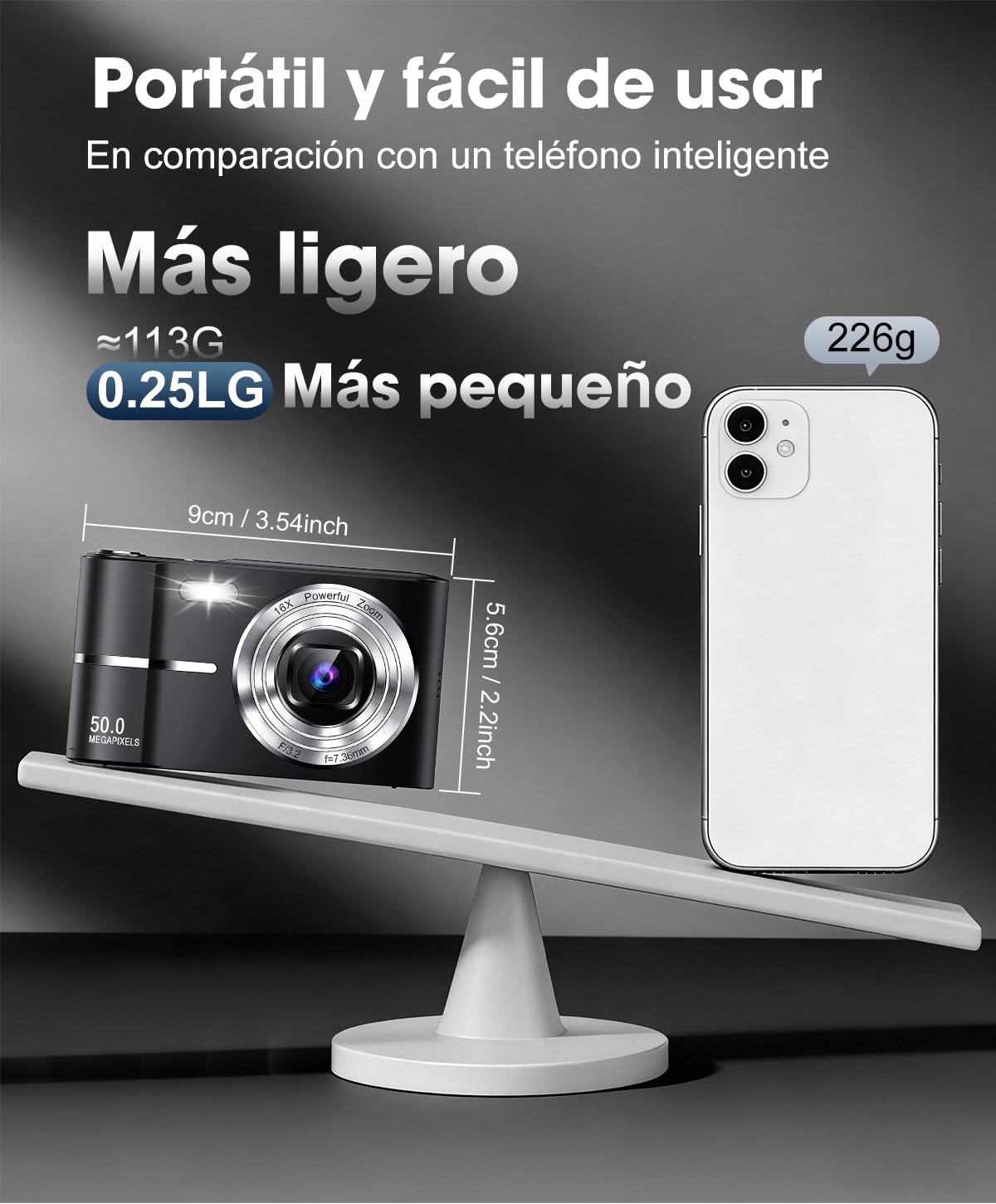 Camara de Fotos Digital Compacta, 50MP 1080P Digitales Camaras con Pantalla de 2.4”, 16X Zoom Digital, Mini Video Cámara Flash Antivibración para Infantil, Principiantes y Adultos, 16G Negro