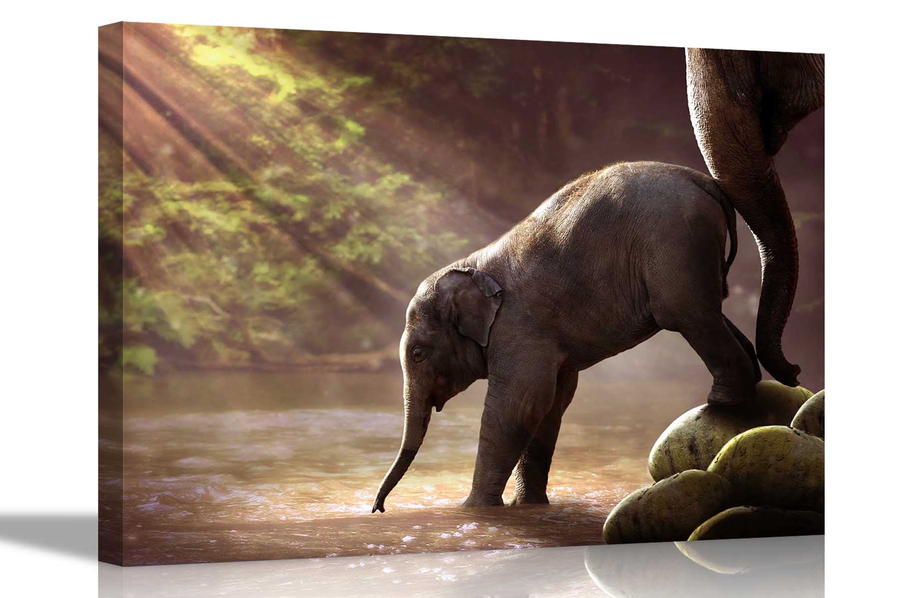 Artley Prints Green Baby Elephant And Mother In Forest Canvas Prints Animal Wall Art Pictures Home Office Decor Framed Posters 51 X 35Cm (20 X 14 Inches)