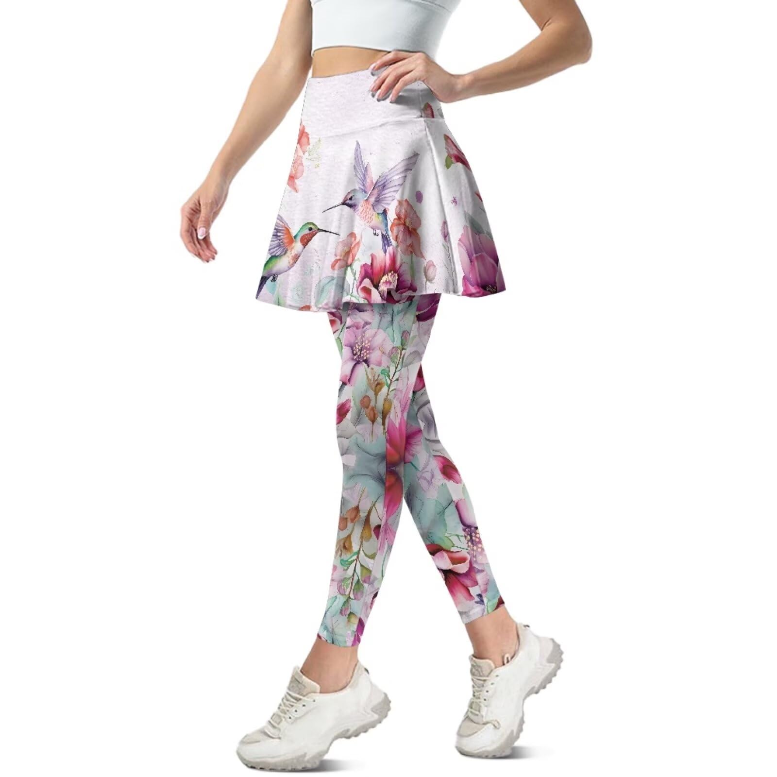 Hinthetall Floral Hummingbird Women's Skirted Leggings Pleated Tennis Skirt Tummy Control Athletic Tennis Skirt Sport Yoga Running Golf Skorts Activewear Skirt Pants Set for Women