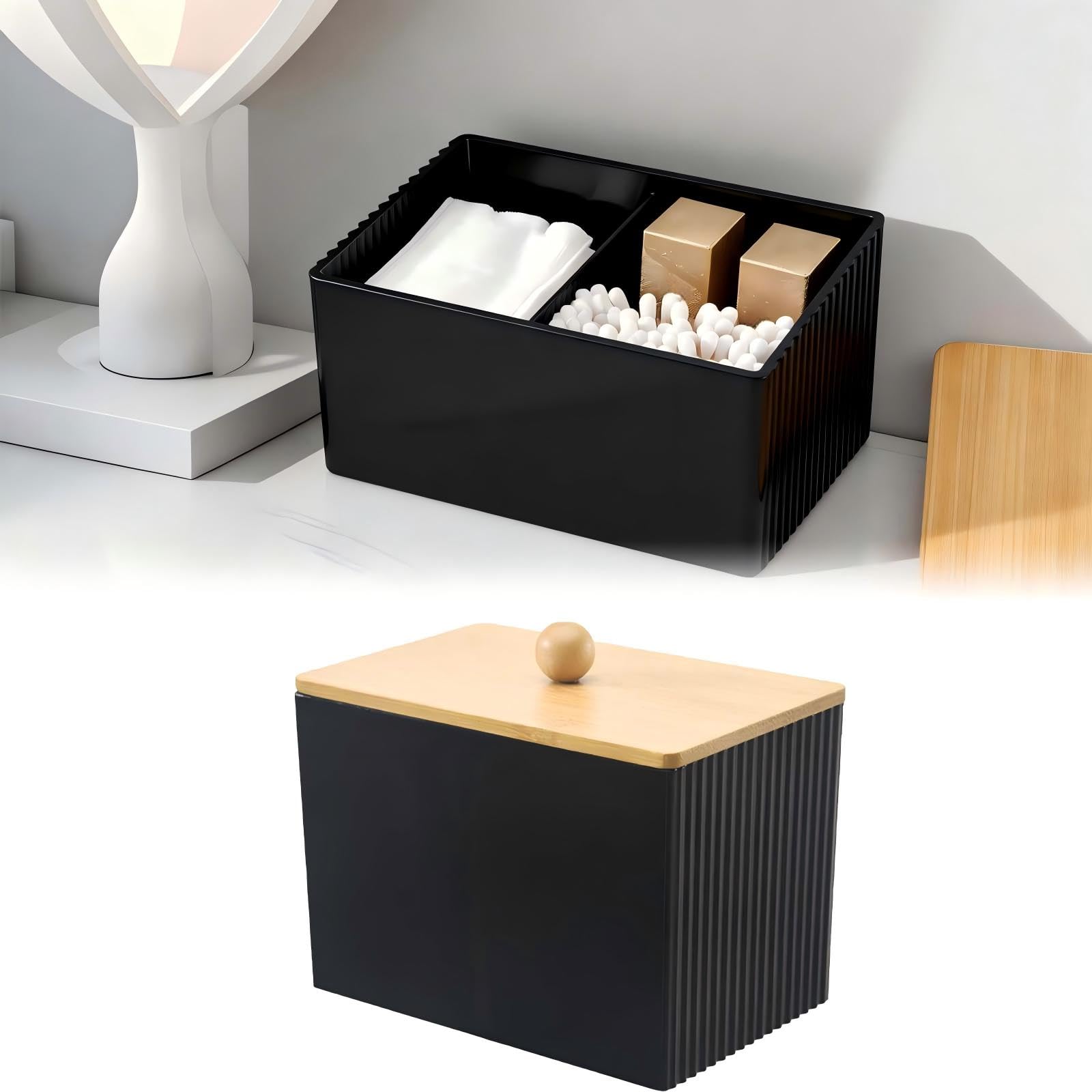 Photo 1 of FRIVASTIC Black Qtip Holder, Tampon and Cotton Swab for Bathroom, Tampon Holder for Discreet Bathroom with Wood Lid with Cotton Swab, Cottons Pad, Dental Floss Organizer, Tampons Storage
