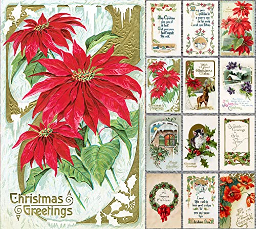 Image of PIXILUV CHRISTMAS WISHES (Pack of 12) Notecards Small Greeting Cards # Vintage Christmas Wishes Salutations with Red Flowers Wreaths and Wintery Scenes ~ Vintage Christmas Postcards Reprint