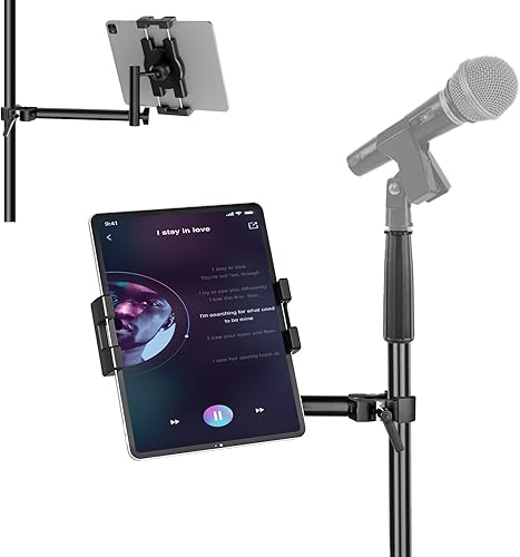 Soporte para tabletiPad para micrófono y soporte de música, inclinación giratoria de 360, ajustable, en forma de L, soporte de abrazadera súper