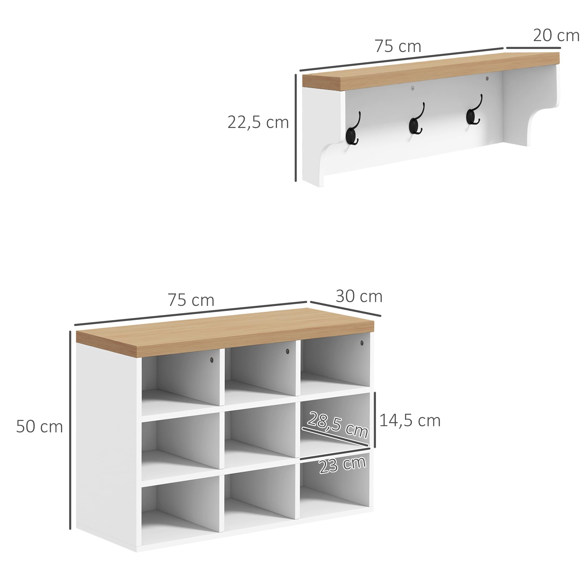 HOMCOM Ensemble Meuble d'Entrée 2-en-1 Porte-Manteau Mural Blanc et Chêne | Banc à Chaussures, Vestiaire, Avec 3 Crochets et 9 Niches, pour Salon, Chambre, Entrée