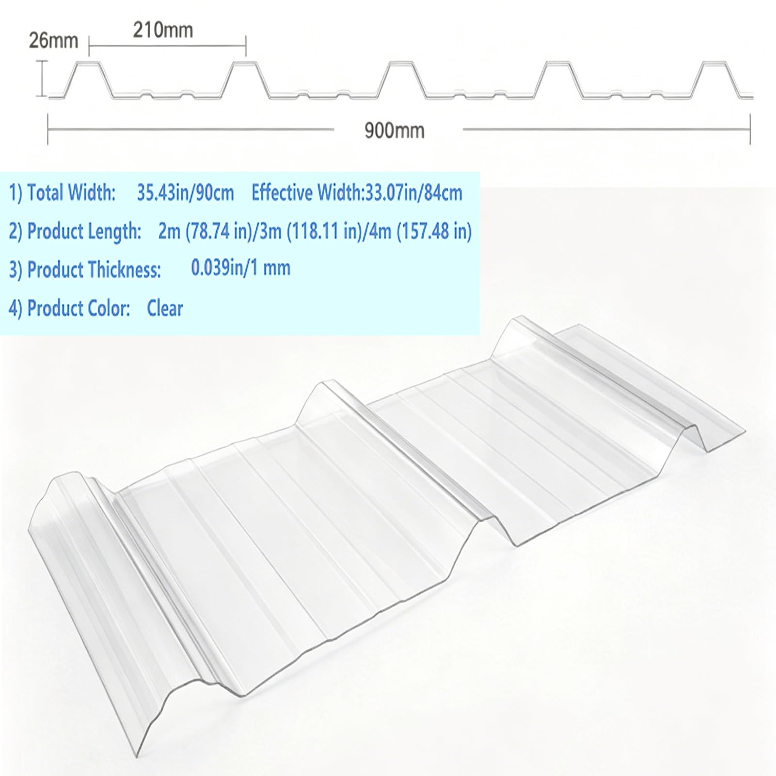 Paneles Policarbonato Corrugado 1mm Transparente Invernadero Cenador Reemplazo 89% Transmisión Luz UV Bloqueo para Patio Jardín Garaje Gallinero(2PCS,2x0.84m(6.56x2.76ft))