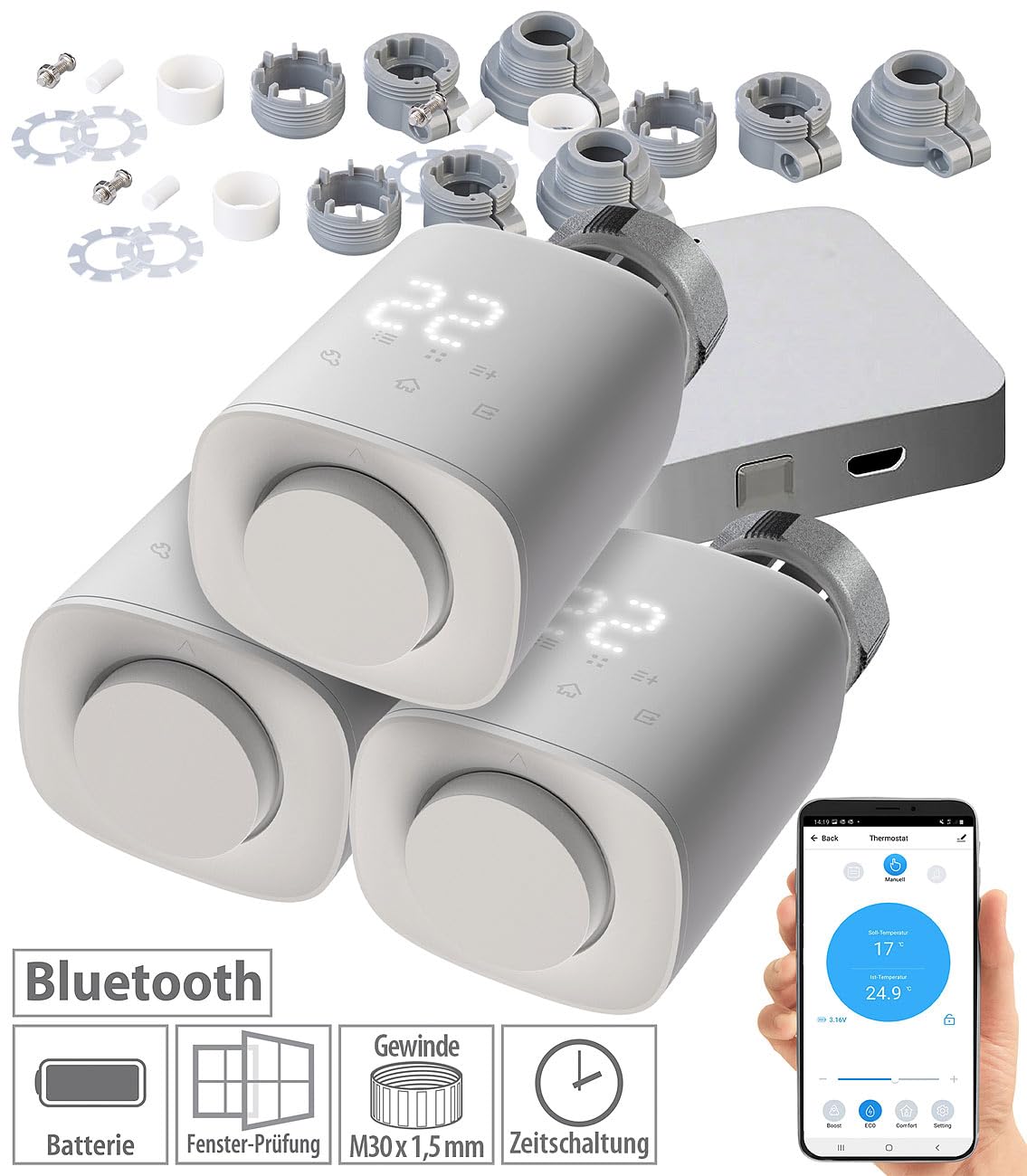 revolt Heizungsthermostat WLAN: 3er-Set programmierbare Heizkörper-Thermostate mit WLAN-Gateway & App (Heizkörperthermostat, Smarte Thermostate, Frost)