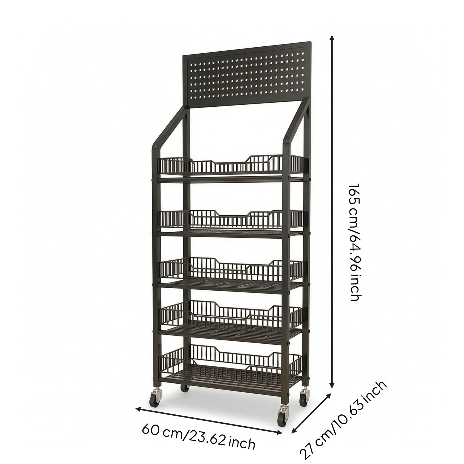 Gralara Estantería Metálica 5 Niveles Gran Capacidad Organizador Snacks con Ganchos Uso Profesional Metálico para Vendores, Tenros, Supermercados, Negro, 60cm