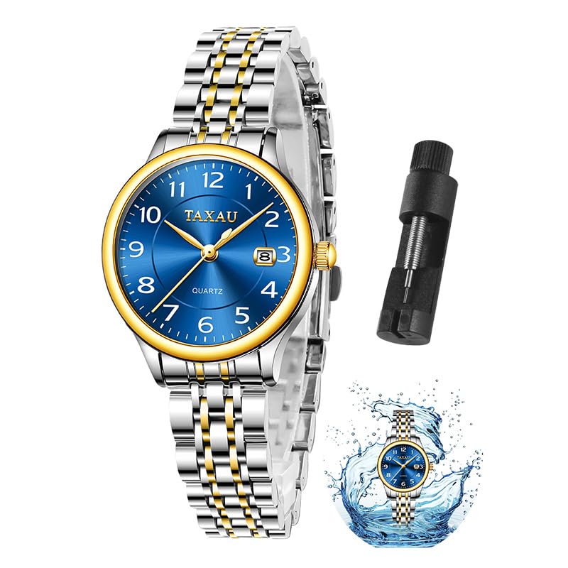 Taxau Uhren für Frauen Arabische Ziffern Kleines Zifferblatt Easy Read Damenuhren Einfacher Stil Datum Edelstahl wasserdichte Uhren für Frauen Reloj para Mujer