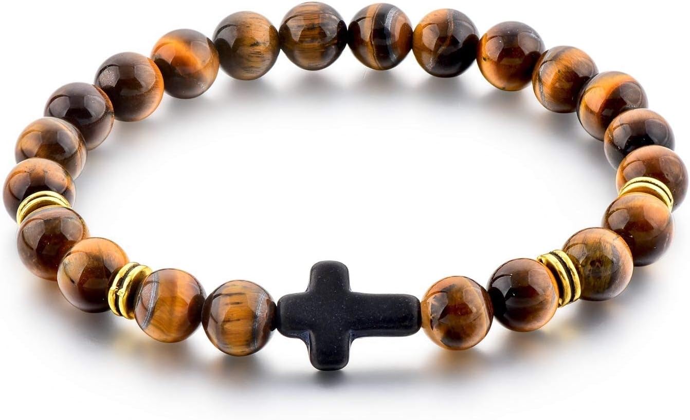 Christian Prayer Bracelet: Elastic Tiger Eye 22-Bead or 33-Bead Pocket Rope Wooden Cross