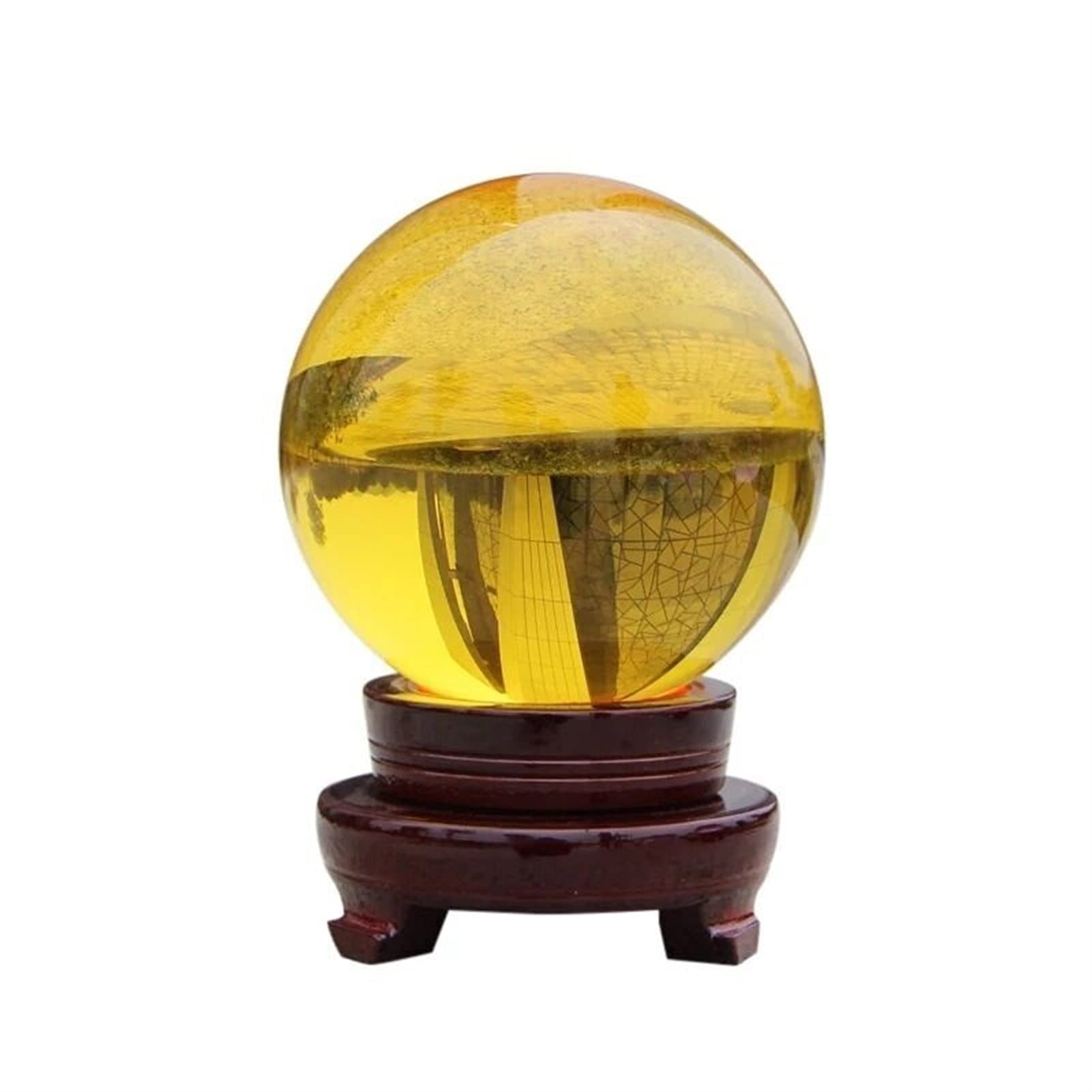 Boule de cristal jaune magic ball sphere ornement décoration maison de 8cm avec support bois