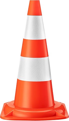 Wiltec Cono de tráfico 50 cm PVC resistente con cinta reflectante, base ancha para más estabilidad, color naranja brillante para alta visibilidad, ideal para obras, seguridad vial y control de tráfico
