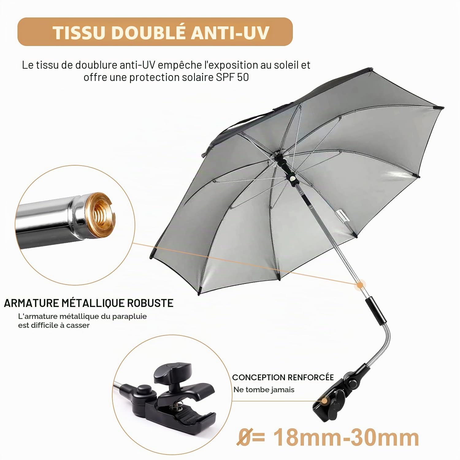 Parasol Universel, 72 cm Ombrelle pour Poussette, Protection UV 50+, avec Une Poignée Parapluie pour Poussette et Buggy - Noir