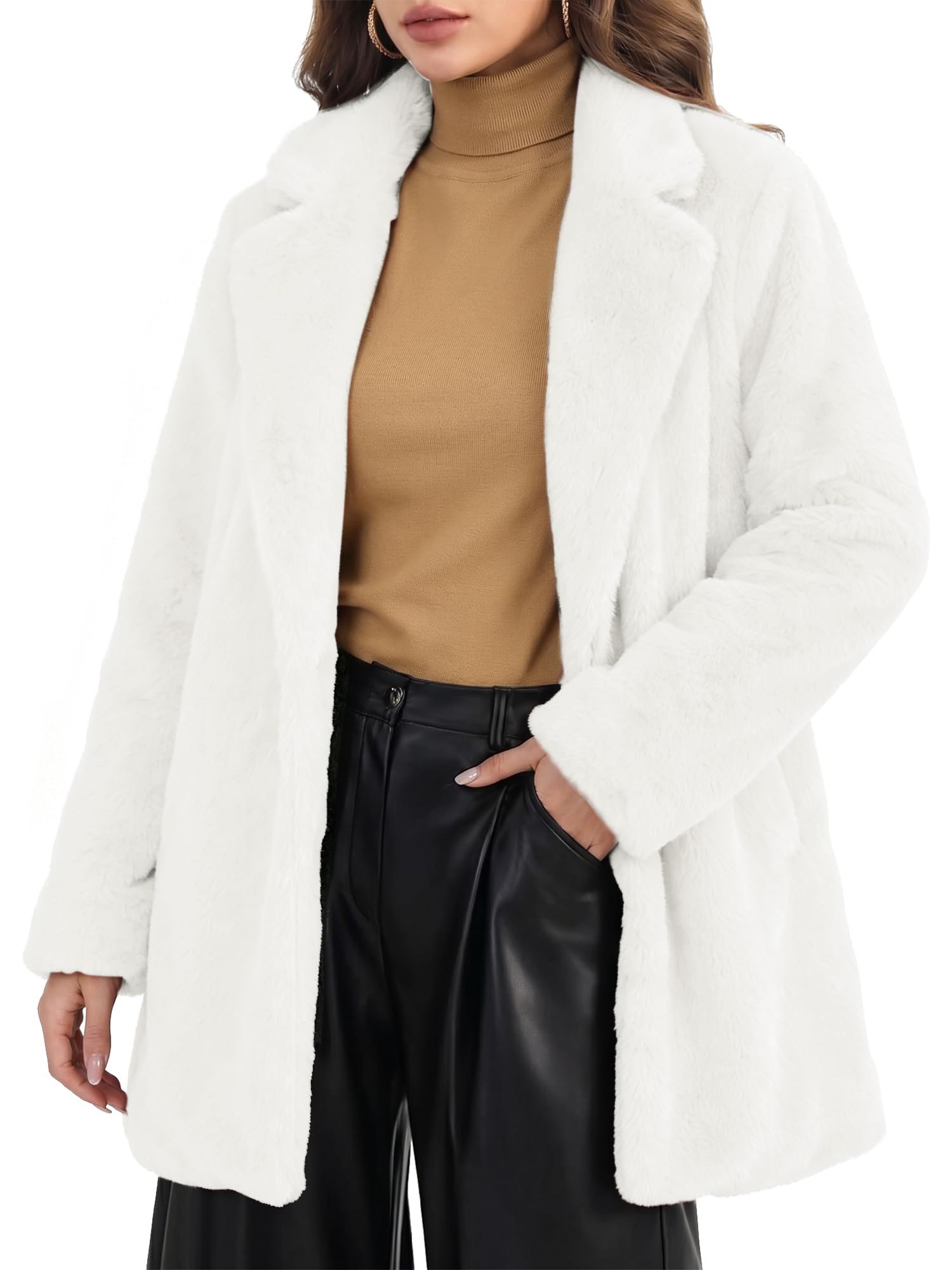 allegra k Women's Faux Fur Coat Lapel Warm Overcoat Winter Open Front Casual Long Fluffy Jackets, White, Small-picture-22