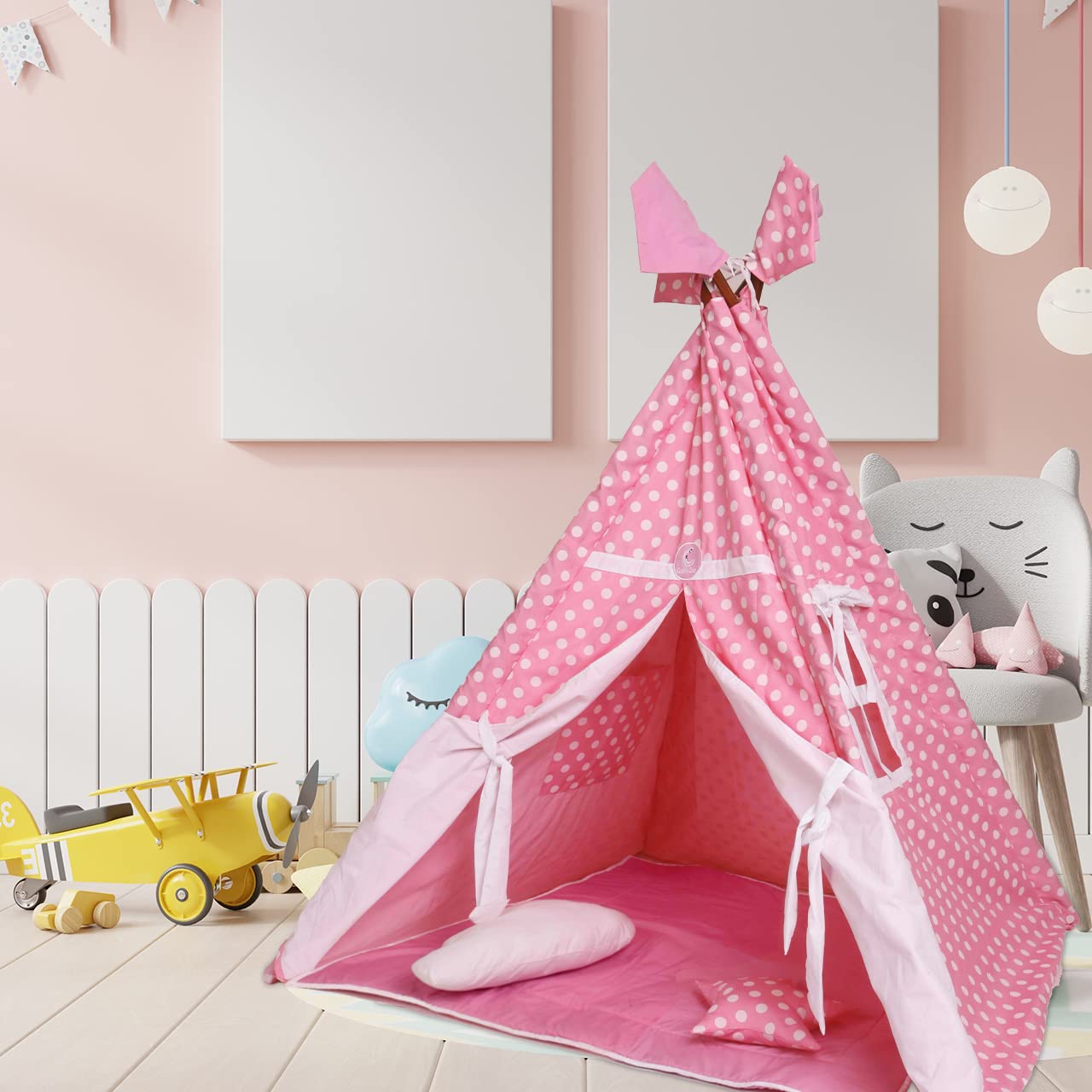 CuddlyCoo Teepee Tent Full Set with Padded mat, Cloud and Star Cushion, Flags and Carry Bag (Baby Pink) (B0943J18QM) Amazon Price History, Amazon Price Tracker