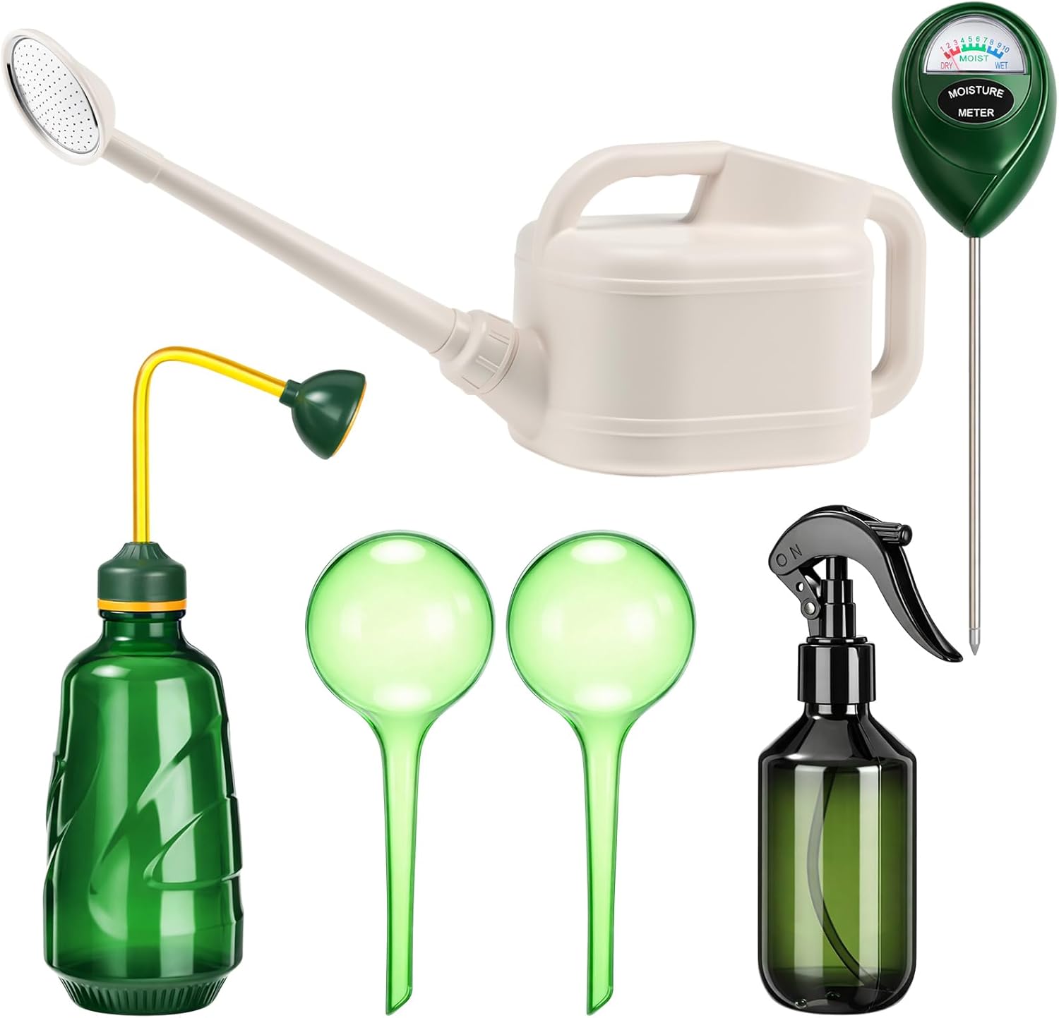 Reallnaive 6-piece Indoor Watering Can Set – 1 Gal Can, 6.8 oz Spray, 15 oz Squeeze, Plant Watering Globes & Soil Moisture Meter, Indoor & Outdoor Plant Care(White)