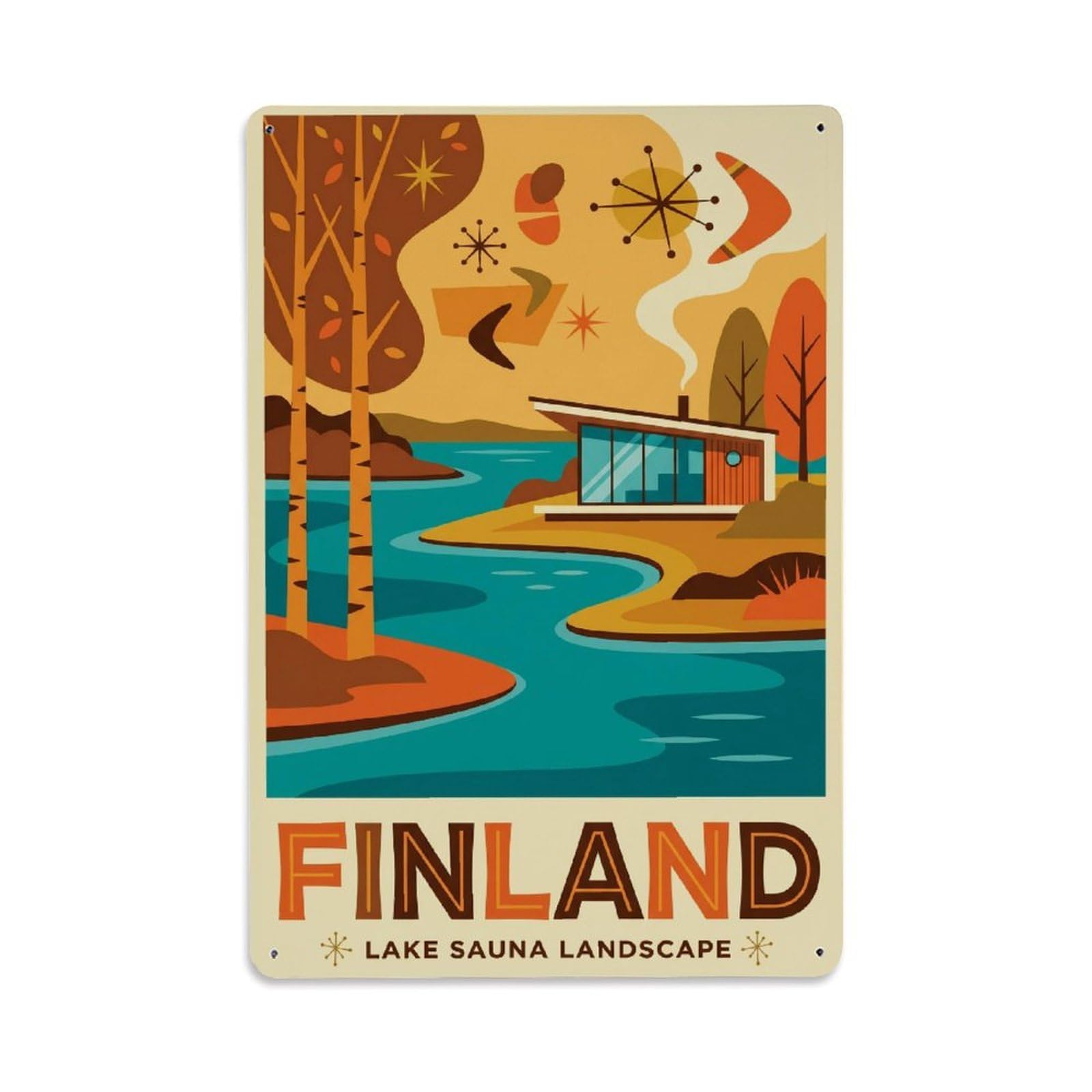 Olhnbad Style Finland Sauna Lake Landscape Travel Nordic Metal Tin Sign