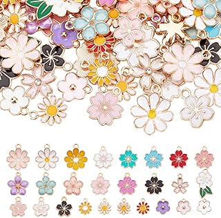 PandaHall 26 Style Enamel Flower Pendants 104pcs Colorful Floral Themed Flower Charms Daisy Cherry Flower Dangle Gold Plated Enamel Charm for Necklace Earring Bracelet Jewellery Making