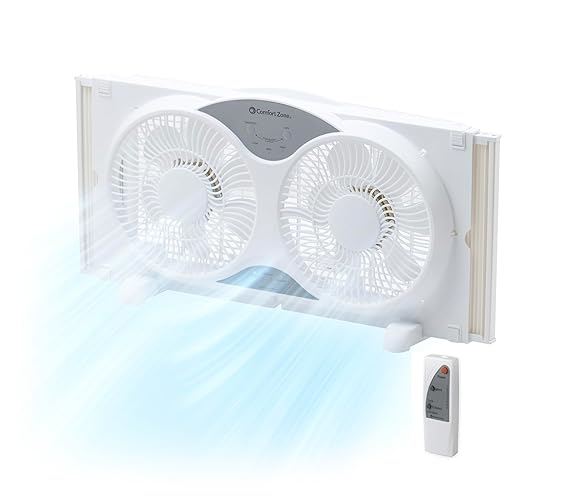 Comfort Zone Window Fan for Bedroom, 9 inch 3 Speed Dual Fans with Auto-Locking Expanders, 3 Modes (Cool, Circulate, Exhaust), Remote Control, Fabric Cover plus Bug Screen, White - White - 9" Twin Window Fan w/ Remote