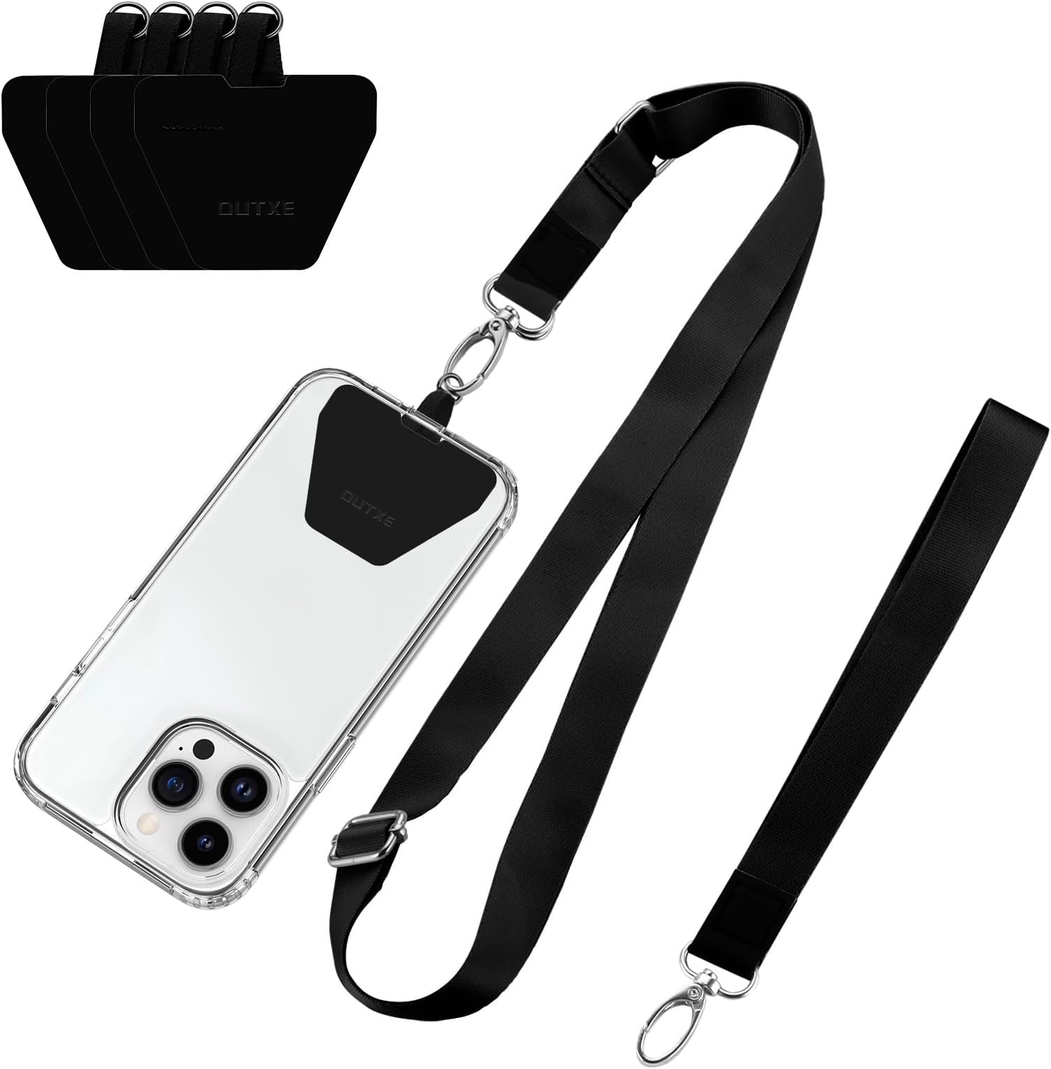 OUTXE Phone Lanyard - 4× Pads, 1× Adjustable Neck Strap, 1× Wrist Strap, Nylon Phone Lanyard Compatible with All Smartphone