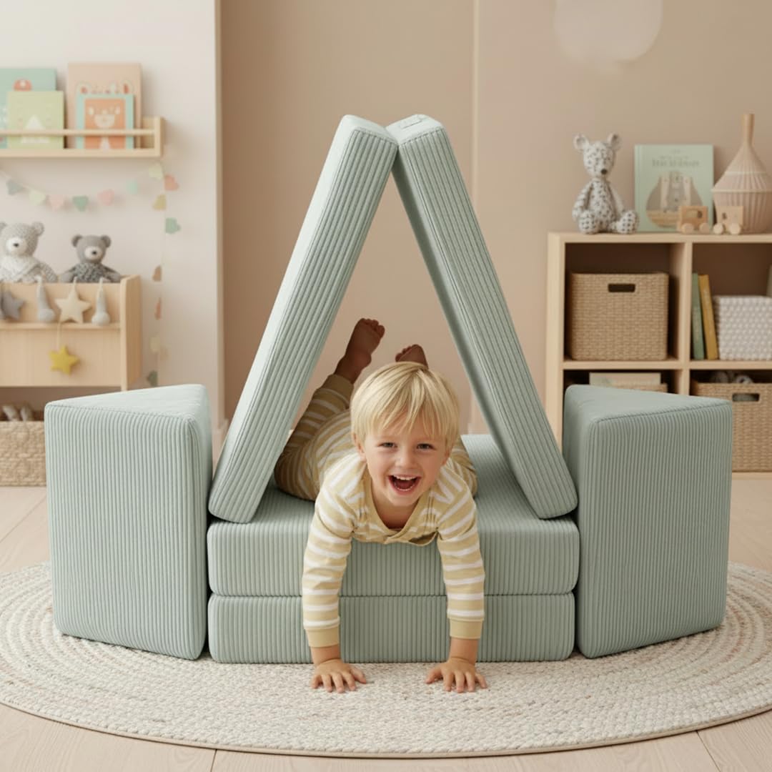 Bellabino Nile Spielsofa Maxi 4-TLG. für Kinder – Kindersofa Cord in Türkis – Spielesofa Schaumstoff Bausteine – modulare Kindercouch ausklappbar mit waschbarem Bezug – Sofa Kinderzimmer Kuschelecke