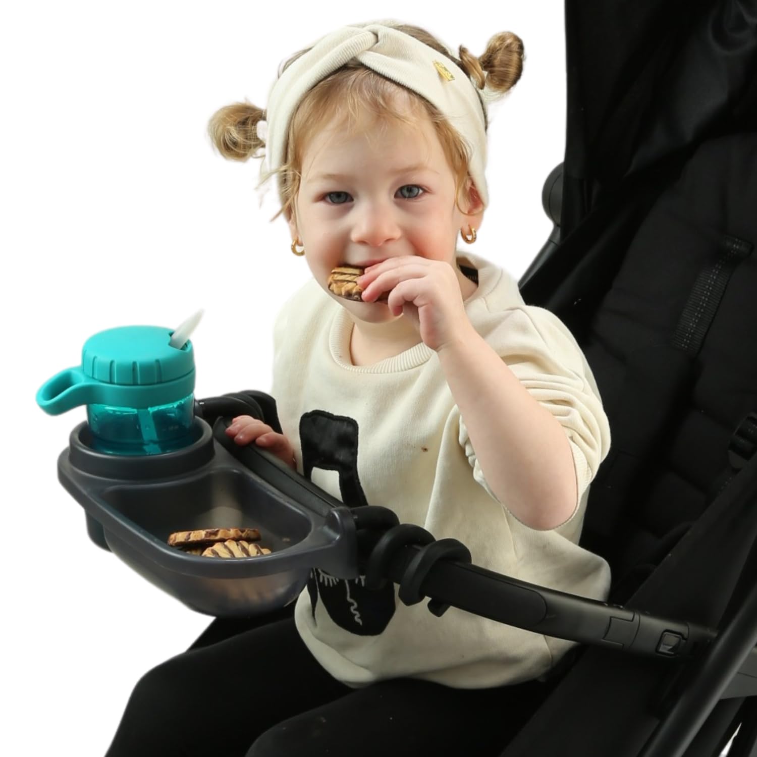 Swanoo Universal Stroller Snack Tray | Stroller Cup Holder | Silicone Flexible Arms Grip Stroller Bar Stays in Place | Tray Attachment with Cups Holder for Mom On The Go | Stroller Accessories