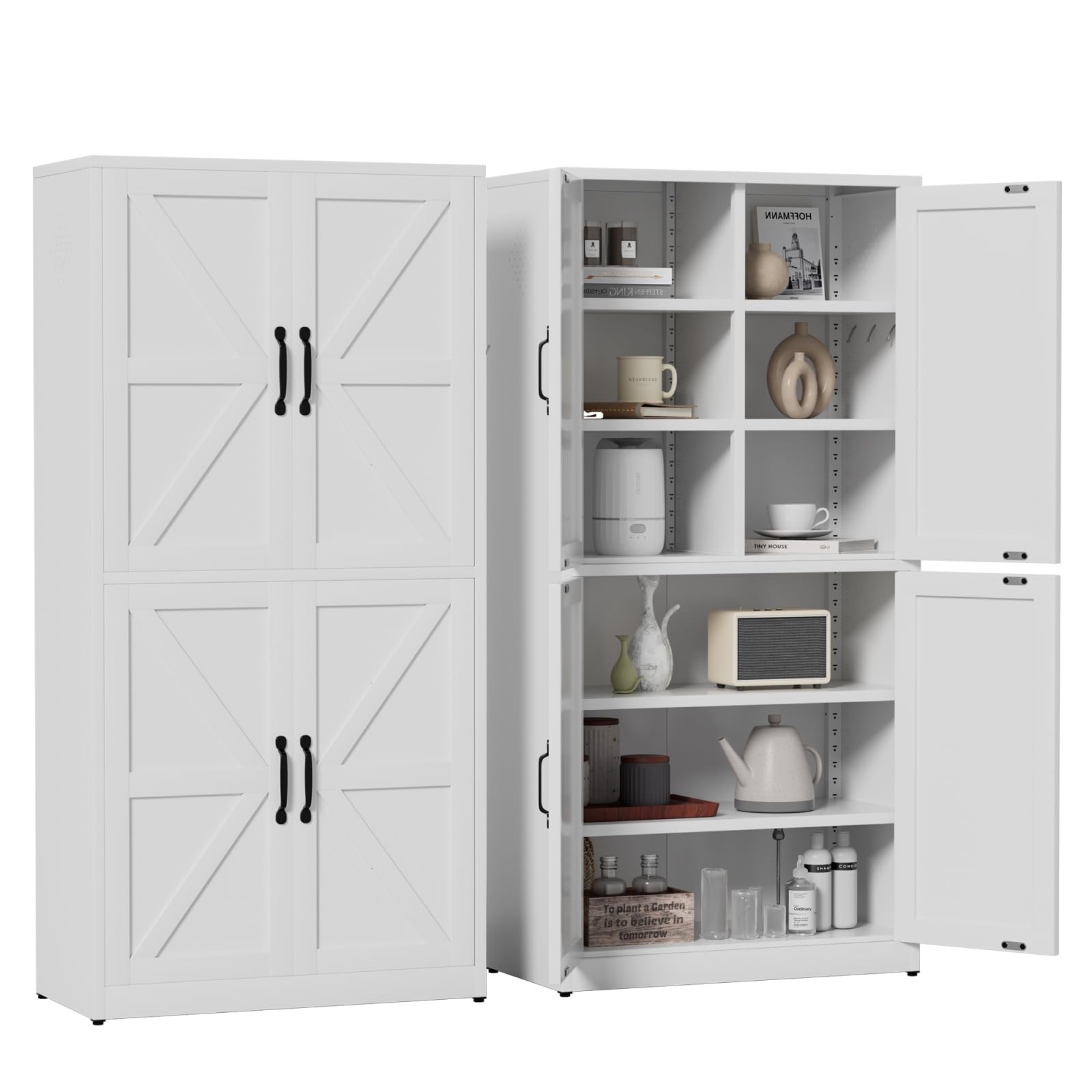 White Steel Kitchen Pantry Storage Cabinet with Adjustable Shelves, Heavy-Duty Country Cabinet for Kitchens, bathrooms and Living Rooms