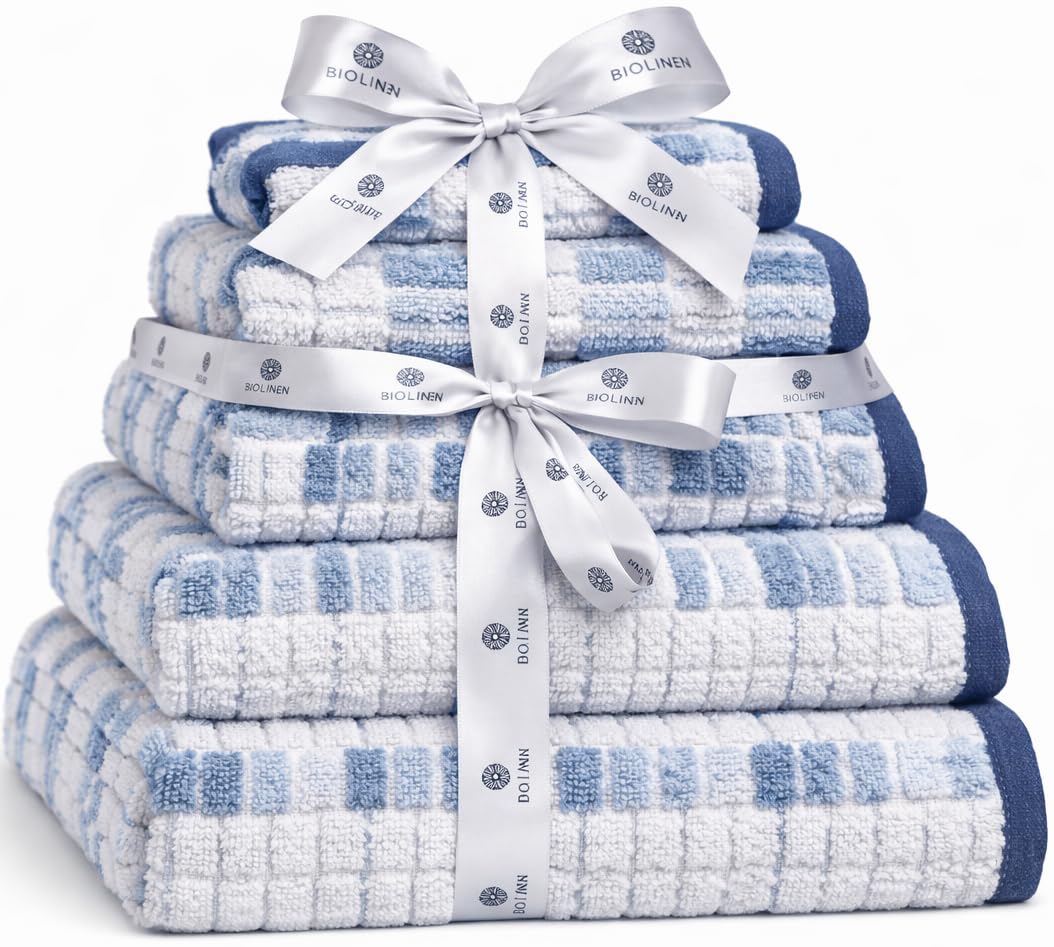 BIOLINEN Natural 6-Piece Luxury Cotton Towel Set - 2 Bath Towels, 2 Hand Towels, 2 Washcloths - Soft Absorbent Towel Pack for Bathroom, Home, Gym &
