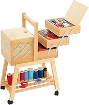 Wooden Trolley with Wheels, Size 34 x 23 x 57 cm, 3-Tier Ladder Basket with 5 Compartments for Sewing Accessories, Dressmaking and DIY, Made in Italy -027F -5.4 (Natural)
