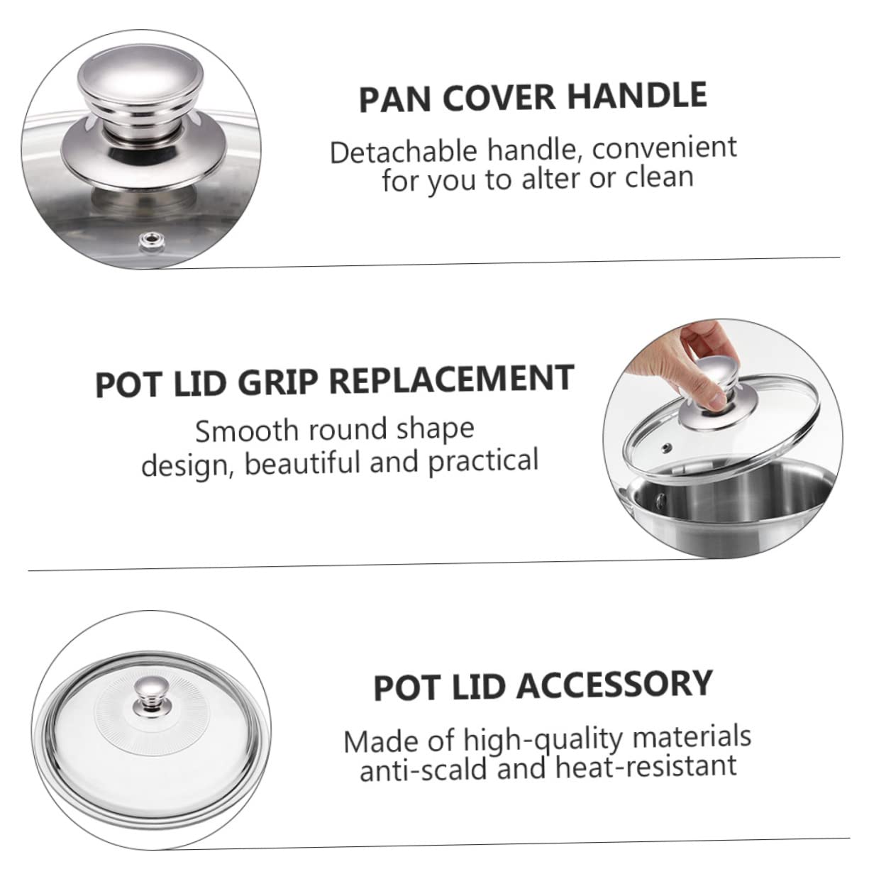 Gatuida Maniglia Bella e Acciaio Inossidabile per Pentola Coperchio Set Argento, Design Rotondo Antiscottatura 4 Pezzi, Pratica Ricambio Cucina Padelle