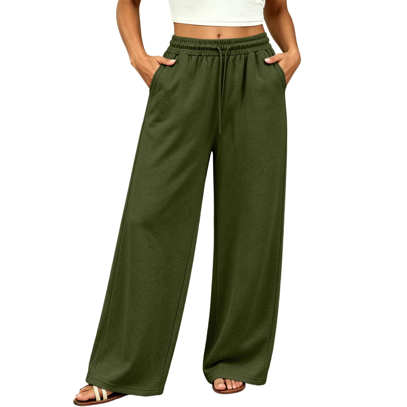 Pantalon Large Femme Cordon Taille Élastique Poches Latérales Couleur Unie