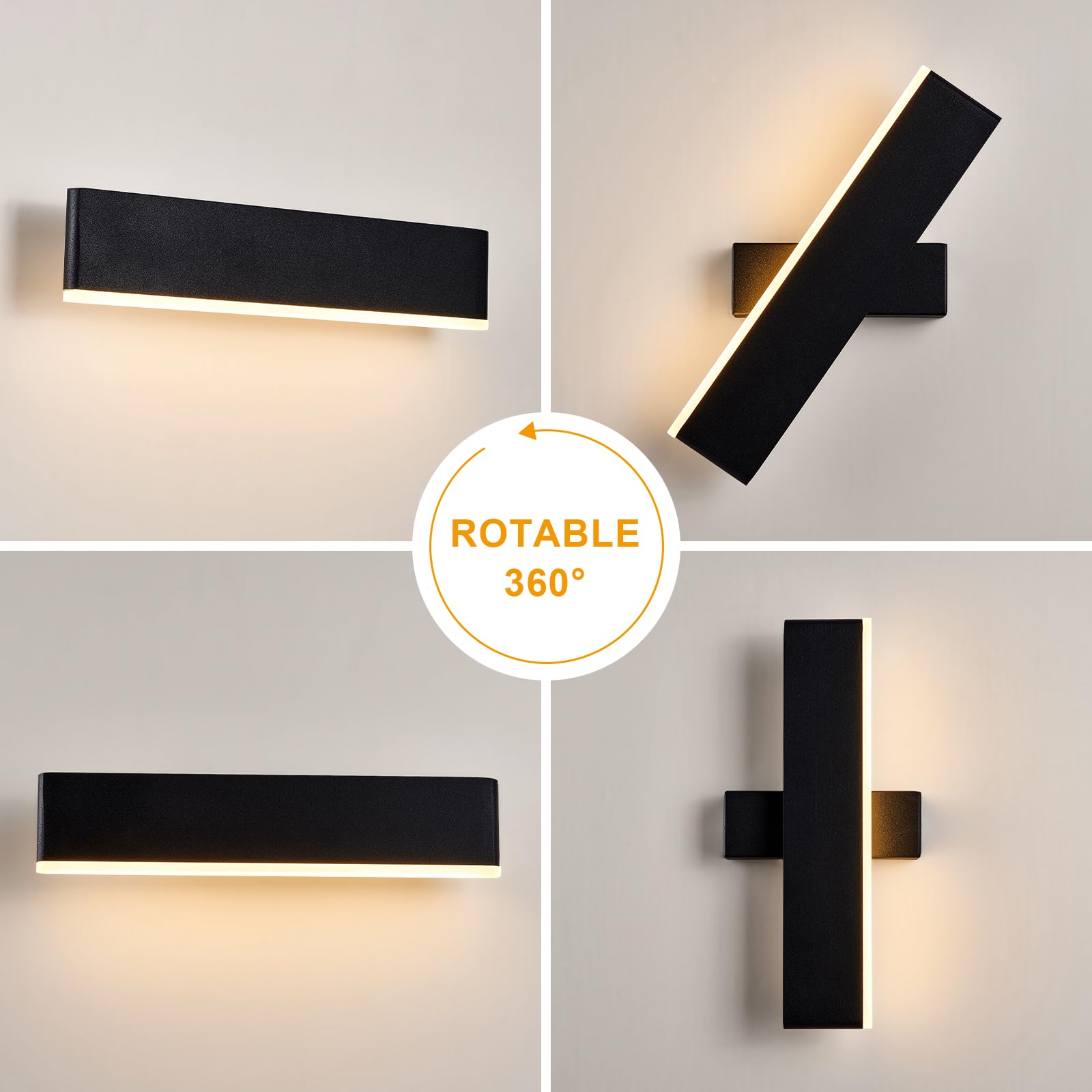 9W Aplique de pared Interior, Giratoria de 360 ° | Lámpara de Pared Moderna, Luz de Pared LED Negro para Dormitorio, Sala de Estar, Pasillo, Escaleras, Blanca Cálida