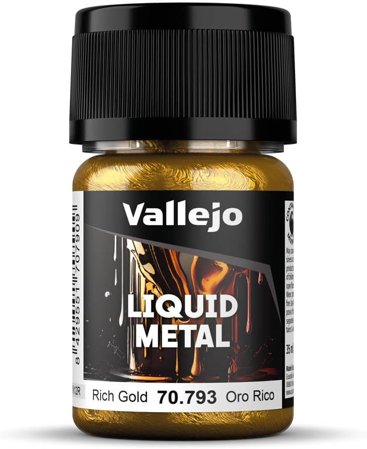 Vallejo Liquid Metal Acrylic Paint, Rich Gold Finish for Airbrush and Brush, 35 ml, Ideal for Model Making and Detailing