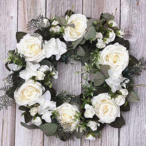 Plcnn 45cm Artificial Rose Wreath, Spring Summer Floral Wreaths Eucalyptus Wreath for Front Door Home Garden Window Decor