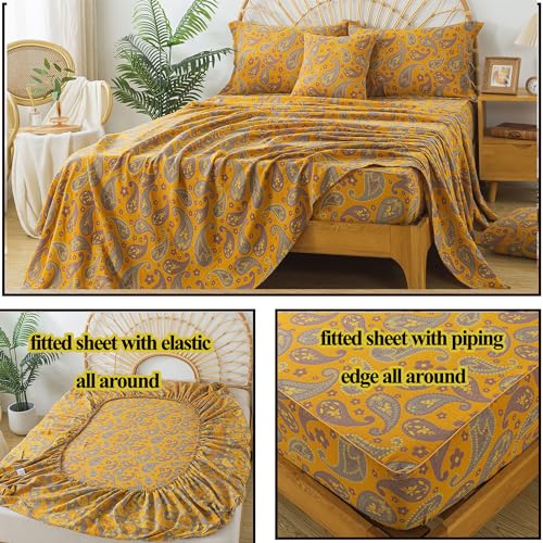 Image of FADFAY Paisley Sheets Set King Vintage Yellow Grey Floral Bedding Shabby Farmhouse Bedding Super Soft Washed Double -Layer Muslin Sheets Luxury 100% Cotton Deep Pocket Fitted Sheet 4Pcs, King Size
