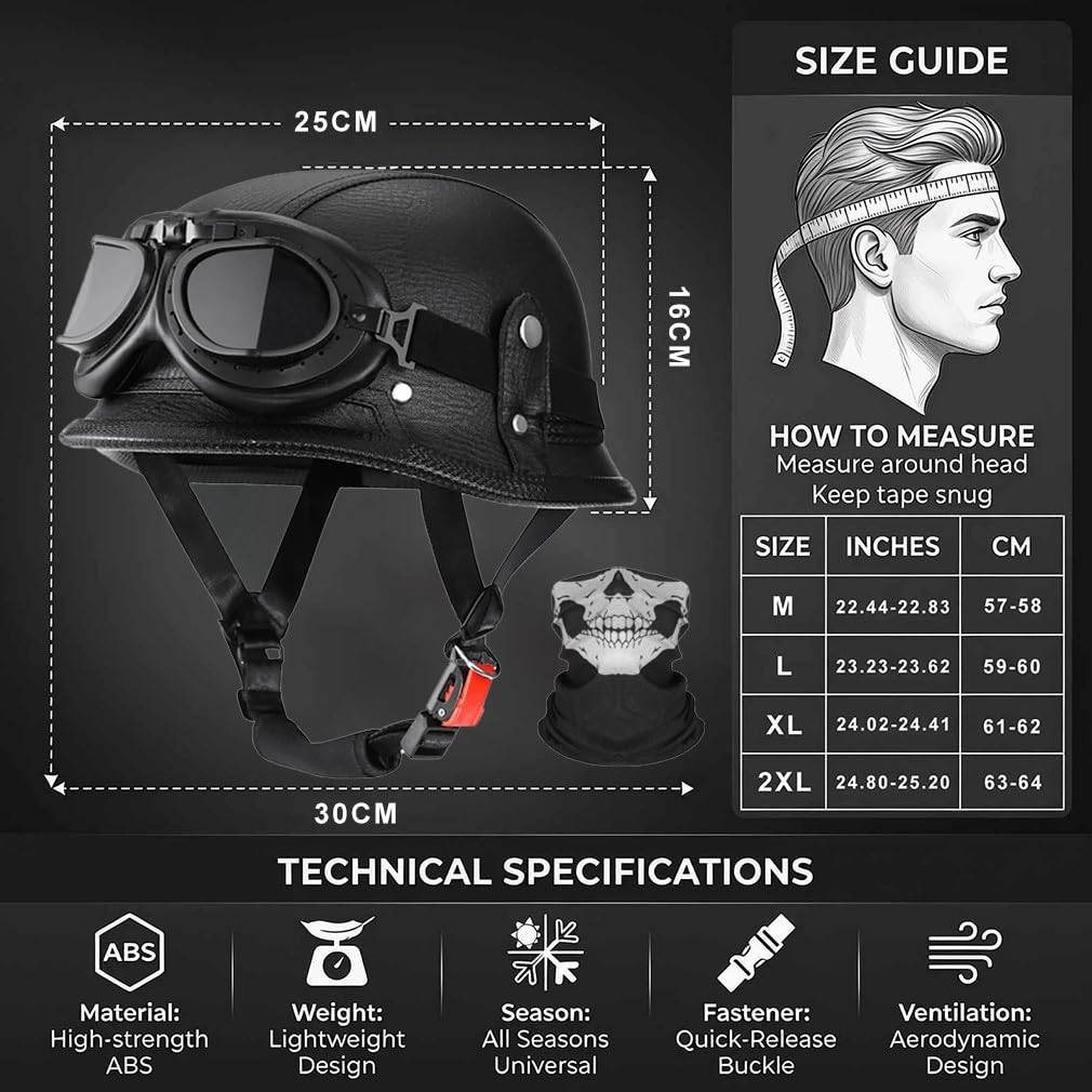 Deutscher Retro Halbschalenhelm Halbhelm,ECE 22.06geprüft,Leichte ABS-Schale in PU-Lederoptik mit Fahrerbrille und Gesichtsmaske,Unisex für Stadt Pendler und Cruiser,M-2XL(57-64cm)