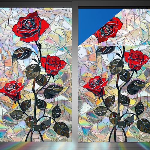 Image of Nuxovilar Gothic Halloween Dark Red Rose Window Film 17.5x39.3 PVC | Dark Rose, Gothic Cling red rose flower sticker, privacy glass wrap for bedroom bathroom party room (Dark Rose)