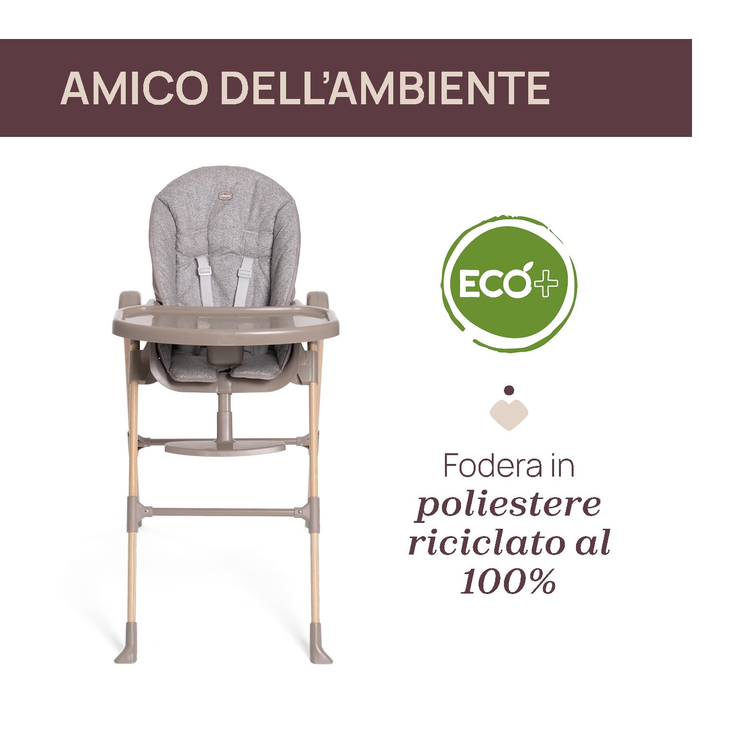 Chicco Polly Essential Seggiolone Pappa Evolutivo per Bambini da 0 Mesi a 15 KG, Reclinabile in 3 posizioni, 7 Livelli di altezza, Chiusura Compatta, Tessuto in poliestere riciclato, Grigio Chiaro