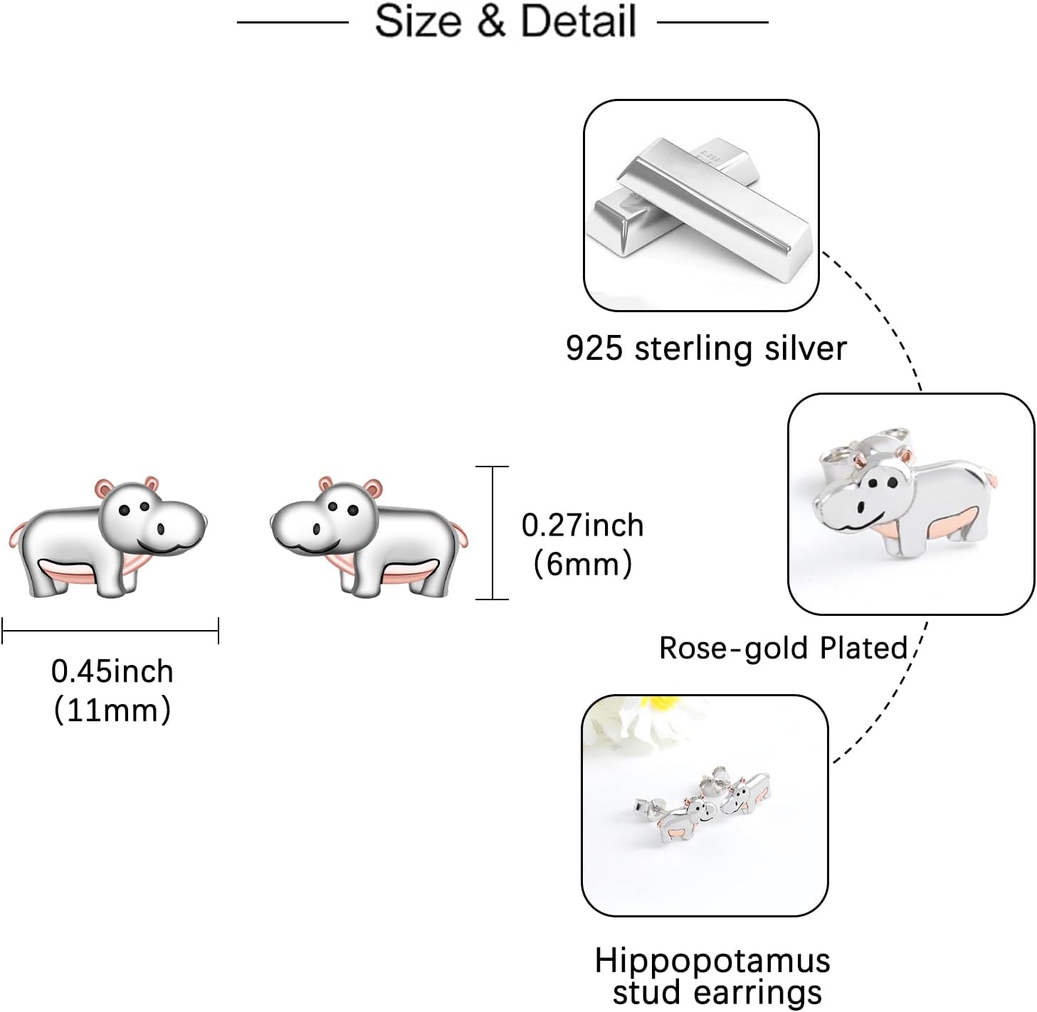 Hippo Stud Earrings for Women - 925 Sterling Silver Hypoallergenic Animal Cute Hippopotamus Earrings Charm Hippo Jewelry Gifts - Image 4