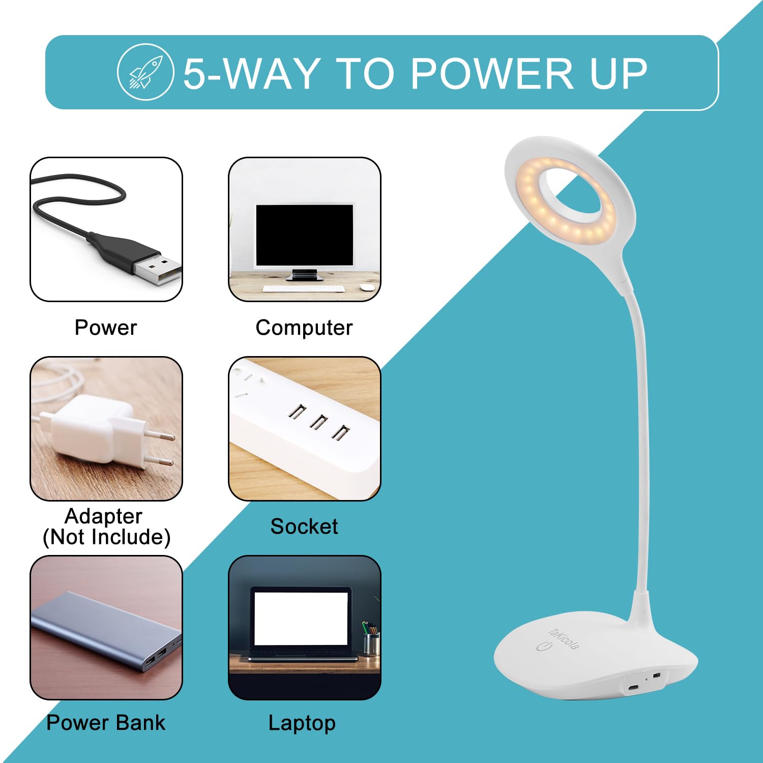 Lámpara de escritorio LED con cuello de cisne flexible, recargable inalámbrica, 3 modos de color, regulable, control táctil continuo, lámpara de mesa portátil para cuidado de los ojos para 5