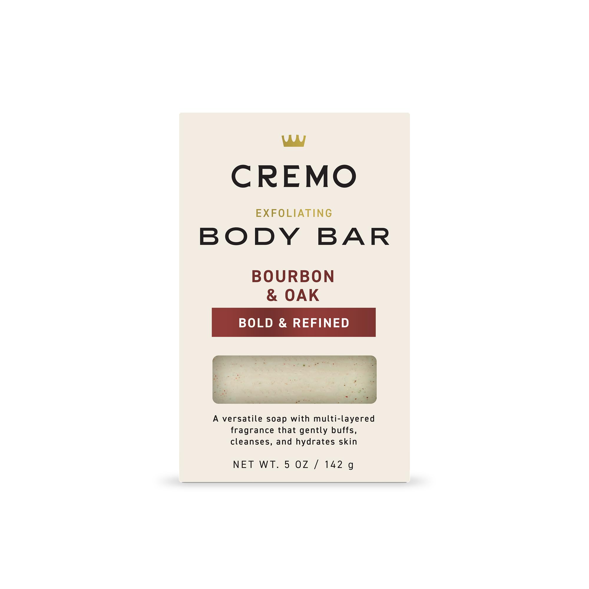 Cremo Exfoliating Body Bar for Men, Bourbon & Oak Scent, Multi-Layered Fragrance That Buffs, Cleanses and Hydrates Skin, 5oz