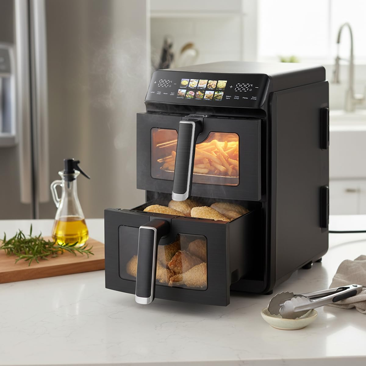 PRIXTON Friteuse à air verticale 10 L avec Double Panier 5 L + 5 L, 2600 W, Air fryer sans huile avec 2 Paniers indépendants, écran LED tactile, 10 Programmes, 80–200 °C, Fenêtre et éclairage
