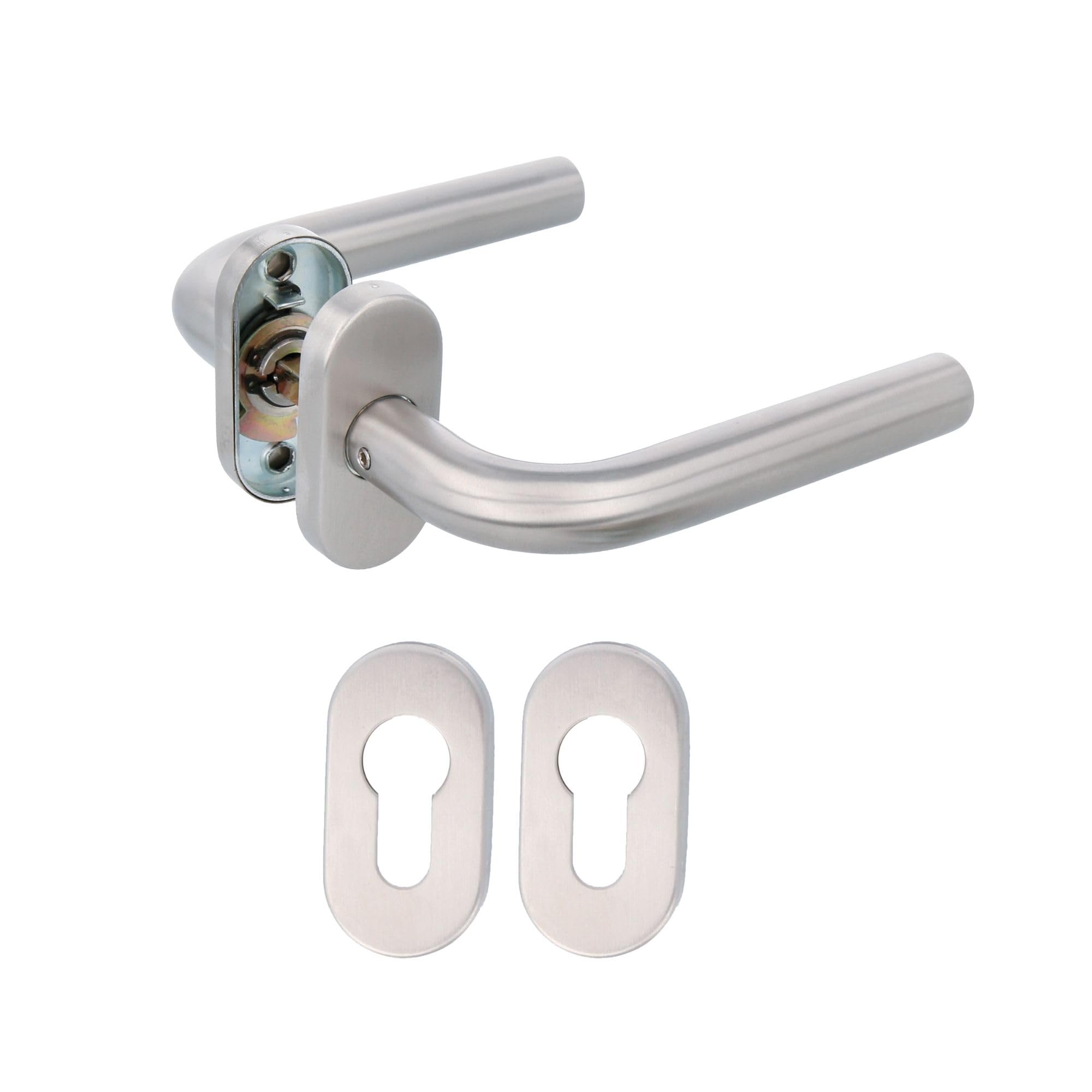 Amig - Juego de manillas para puerta Mod. 4O con placa oval - Para marco estrecho - Manilla en acero inoxidable 18/8 y roseta en acero niquelado - 136 x Ø19 mm - Acabado mate - Mod. 9954