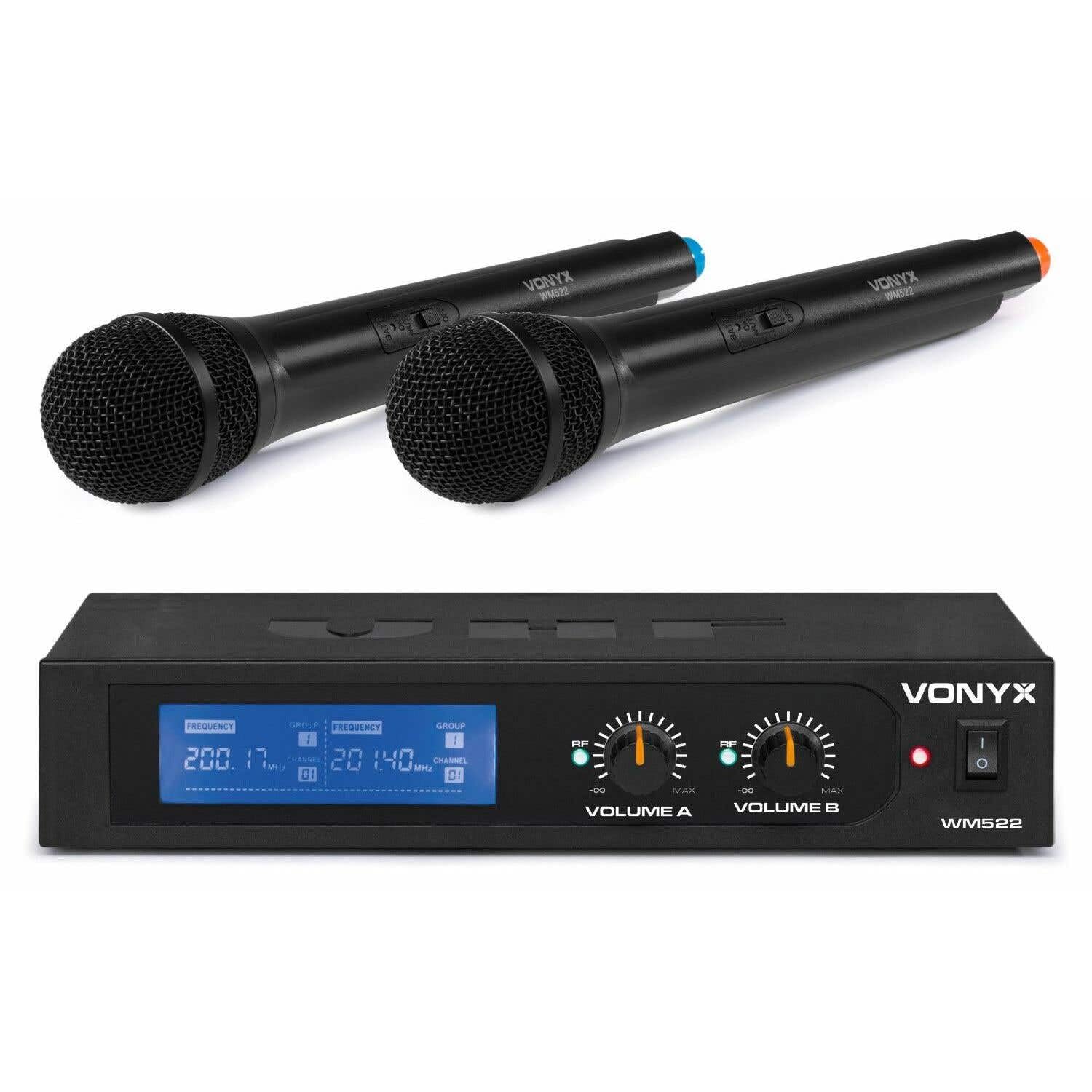 Vonyx WM522 Set de 2 Micrófonos Inalámbricos de Mano Duales con Receptor VHF, Conector de Altavoz, Recargable por USB, Silencio Automático, Microfono Conferencia Inalambrico, Micros para Cantar