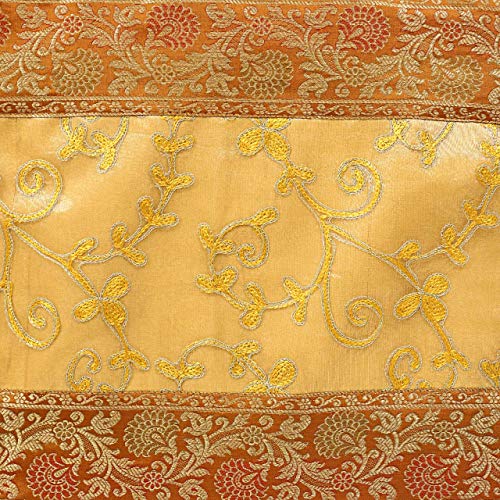 Image of Ari Zari Embroidery Table Runner for ining Table 6 Seater 72IN Indian Satin Traditional Long Runner Up with Tassels Tablecloth for Room & Runner (Orange)
