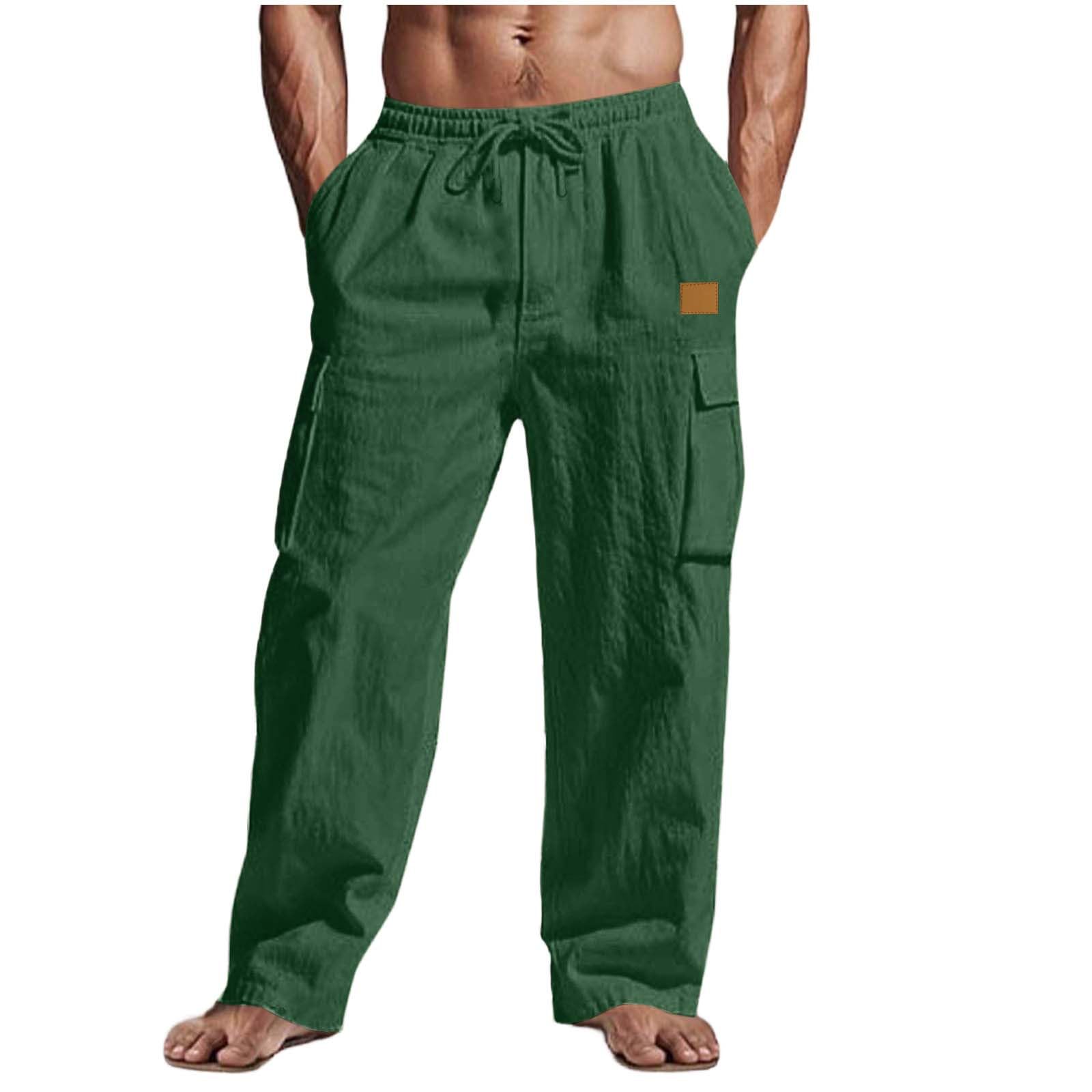 Mens Casual Cargo Pants Vacation Cotton Linen Drawstring Pants Elastic Waist Beach Yoga Trousers with Pockets